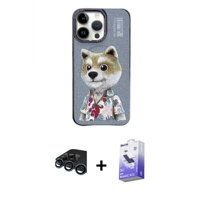 ieg™ iPhone 15 Pro Max Kılıf Siluet Modern Özel Seri - Siyah Bilvis 5in1 5D Magic Hayalet Cam Ekran Koruyucu + Raze Metal Kamera Lens - LT