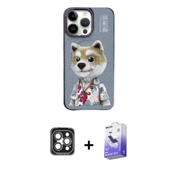 ieg™ iPhone 15 Pro Max Kılıf Siluet Modern Özel Seri - Siyah Bilvis 5in1 5D Magic Hayalet Cam Ekran Koruyucu + PVD Metal Kamera Lens - GI