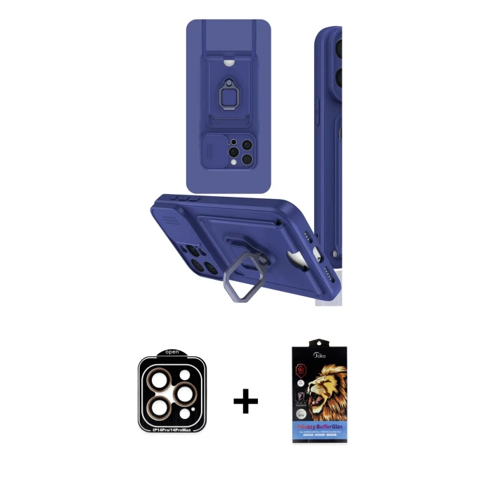 ieg™ iPhone 15 Pro Max Kılıf Vadi Form Prime - Siyah Buffer Hayalet Cam Ekran Koruyucu + Turuncu PVD Metal Kamera Lens