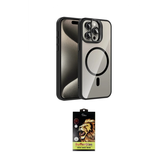 ieg™ iPhone 15 Pro Max Kılıf Yadigar Asil Koleksiyonu - Siyah Buffer Cam Ekran Koruyucu