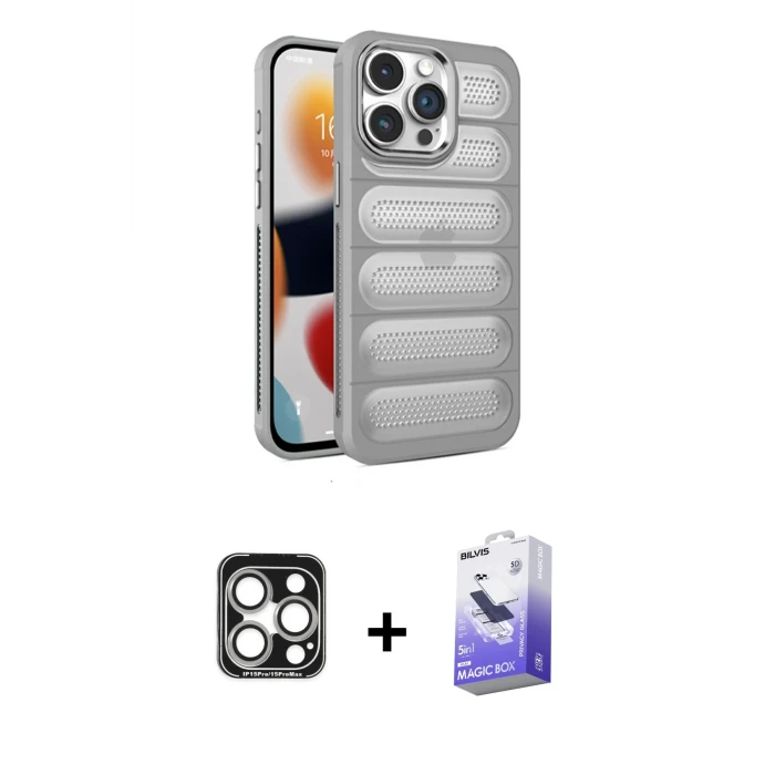 ieg™ iPhone 15 Pro Max Kılıf Yadigar Doku Özel Seri - Siyah Bilvis 5in1 5D Magic Hayalet Cam Ekran Koruyucu + PVD Metal Kamera Lens - GS