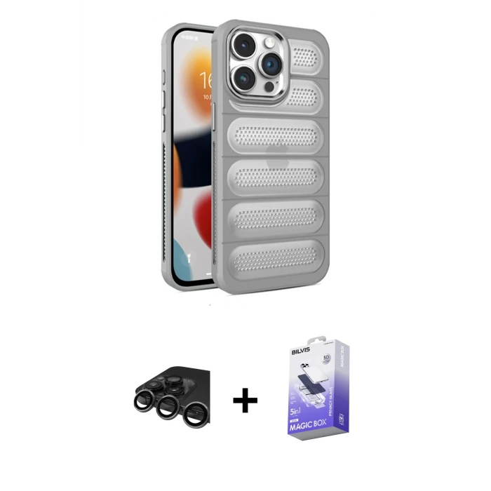 ieg™ iPhone 15 Pro Max Kılıf Yadigar Doku Özel Seri - Siyah Bilvis 5in1 5D Magic Hayalet Cam Ekran Koruyucu + Raze Metal Kamera Lens - TMGI