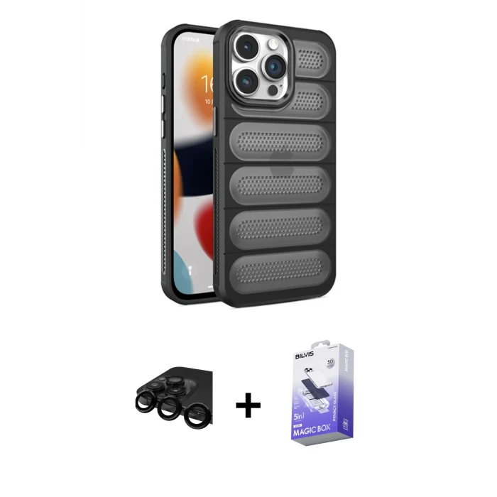 ieg™ iPhone 15 Pro Max Kılıf Yadigar Doku Özel Seri - Siyah Bilvis 5in1 5D Magic Hayalet Cam Ekran Koruyucu + Raze Metal Kamera Lens - SH