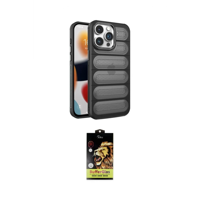ieg™ iPhone 15 Pro Max Kılıf Yadigar Doku Özel Seri - Siyah Buffer Cam Ekran Koruyucu
