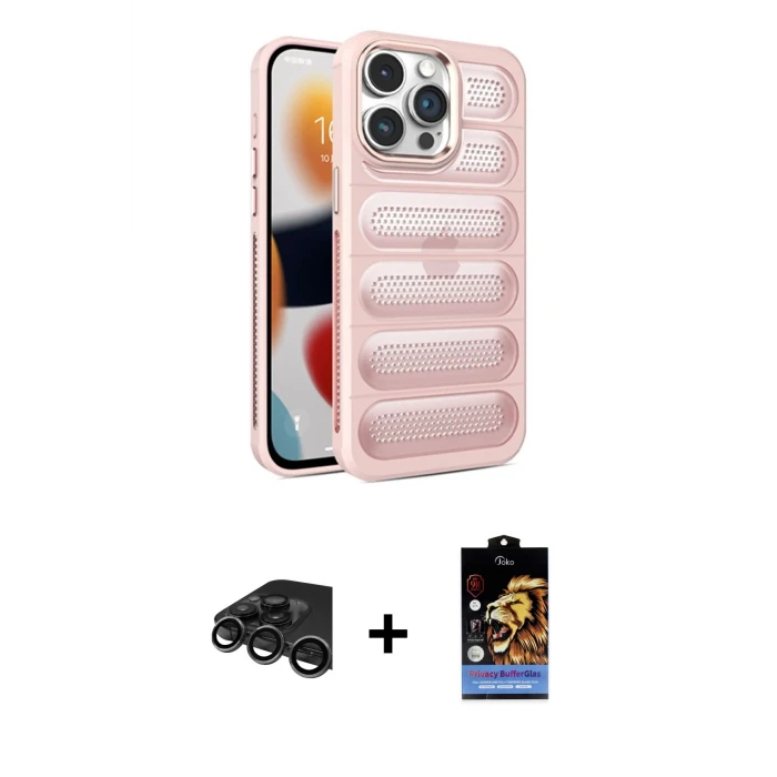 ieg™ iPhone 15 Pro Max Kılıf Yadigar Doku Özel Seri - Siyah Buffer Hayalet Cam Ekran Koruyucu + Raze Metal Kamera Lens - TMGI