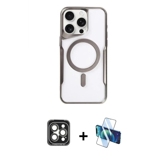ieg™ iPhone 15 Pro Max Kılıf Yadigar Klasik Özel Seri - Siyah 3D Antistatik Cam Ekran Koruyucu + Gri PVD Metal Kamera Lens