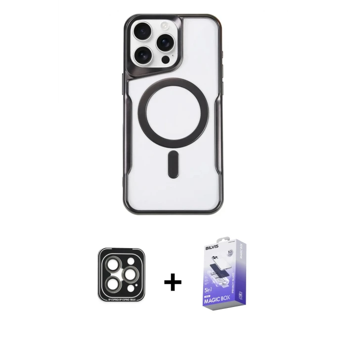 ieg™ iPhone 15 Pro Max Kılıf Yadigar Klasik Özel Seri - Siyah Bilvis 5in1 5D Magic Hayalet Cam Ekran Koruyucu + PVD Metal Kamera Lens - GI