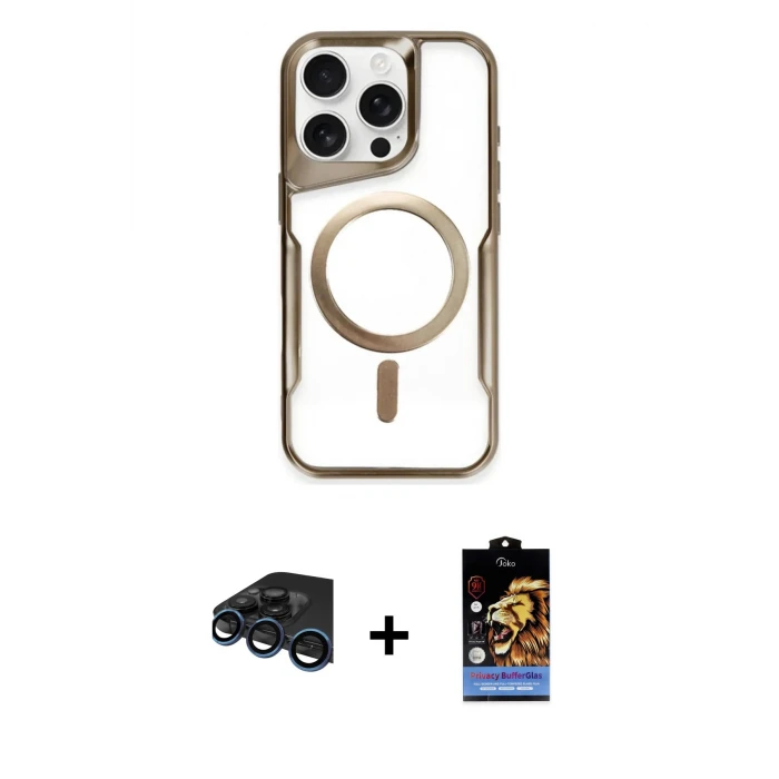 ieg™ iPhone 15 Pro Max Kılıf Yadigar Klasik Özel Seri - Siyah Buffer Hayalet Cam Ekran Koruyucu + Raze Metal Kamera Lens - LT