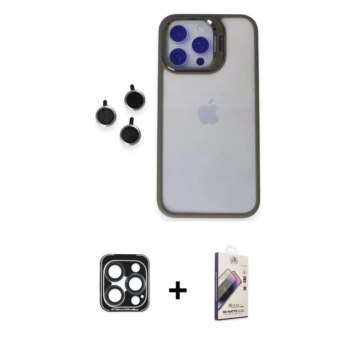 ieg™ iPhone 15 Pro Max Kılıf Yankı Asil Serisi - Siyah Bilvis 3D Mat Cam Ekran Koruyucu + PVD Metal Kamera Lens - LT