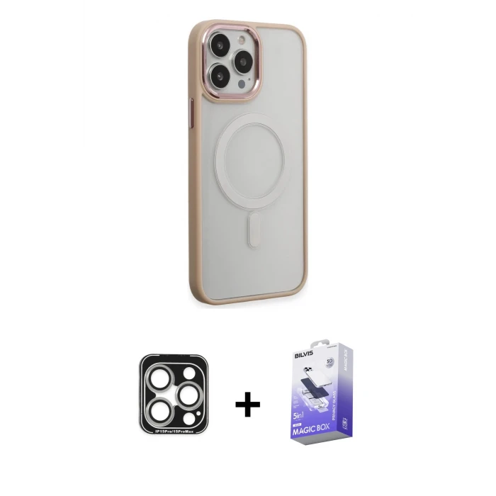 ieg™ iPhone 15 Pro Max Kılıf Yankı Işık Özel Seri - Siyah Bilvis 5in1 5D Magic Hayalet Cam Ekran Koruyucu + Gümüş PVD Metal Kamera Lens