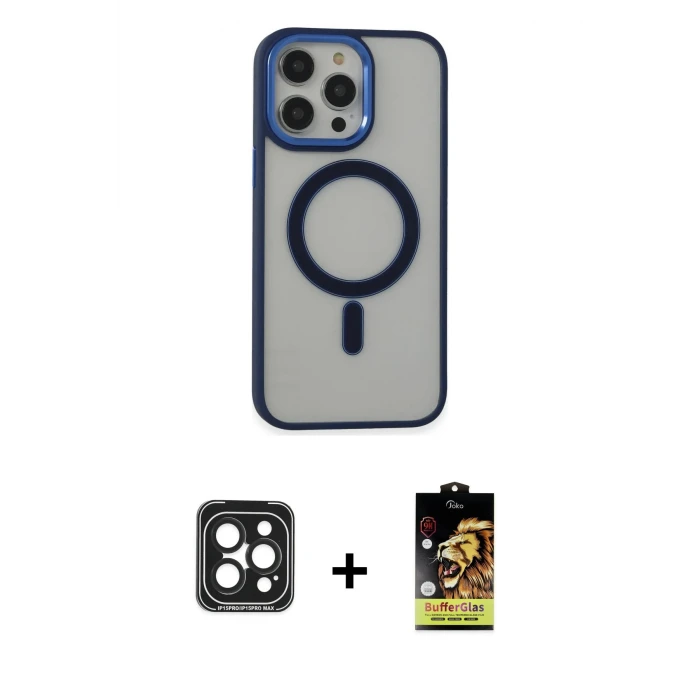 ieg™ iPhone 15 Pro Max Kılıf Yankı Işık Özel Seri - Siyah Buffer Cam Ekran Koruyucu + Siyah PVD Metal Kamera Lens