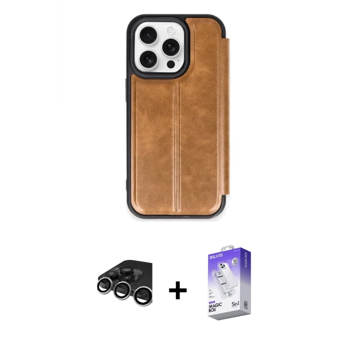 ieg™ iPhone 15 Pro Max Kılıf Zirve Yansıma Serisi - Siyah Bilvis 5in1 3D Magic Cam Ekran Koruyucu + Gümüş Raze Metal Kamera Lens