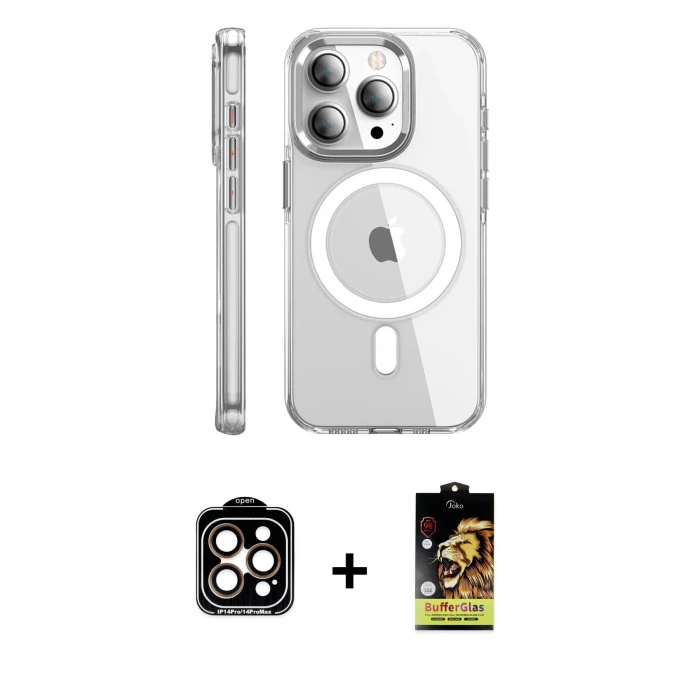 ieg™ iPhone 15 Pro Max Nova Doku - Siyah Buffer Cam Ekran Koruyucu + Turuncu PVD Metal Kamera Lens