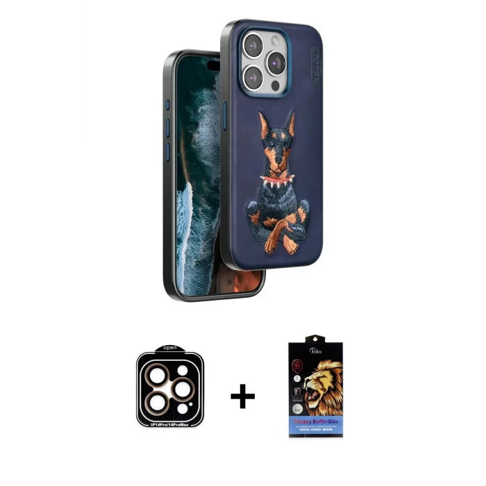 ieg™ iPhone 15 Pro Max Nova Form Koleksiyonu - Siyah Buffer Hayalet Cam Ekran Koruyucu + Turuncu PVD Metal Kamera Lens