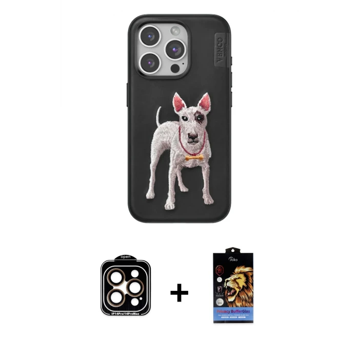 ieg™ iPhone 15 Pro Max Nova Form Koleksiyonu - Siyah Buffer Hayalet Cam Ekran Koruyucu + Turuncu PVD Metal Kamera Lens