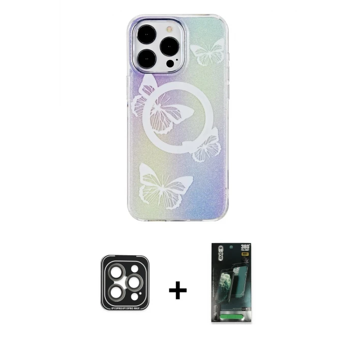 ieg™ iPhone 15 Pro Max Pusula Form - Şeffaf 360 Full Body Arka Koruyucu + Gri PVD Metal Kamera Lens