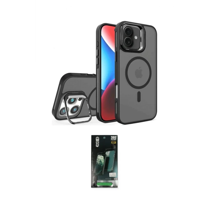ieg™ iPhone 16 Kılıf Akış Form - Siyah 360 Mat Full Body Arka Koruyucu