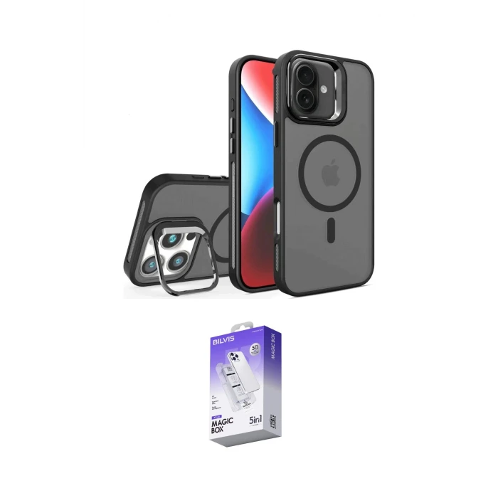 ieg™ iPhone 16 Kılıf Akış Form - Siyah Bilvis 5in1 3D Magic Cam Ekran Koruyucu