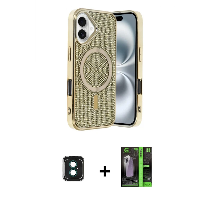 ieg™ iPhone 16 Kılıf Eksen Çizgi - Şeffaf 360 Full Body Arka Koruyucu + PVD Metal Kamera Lens - YL
