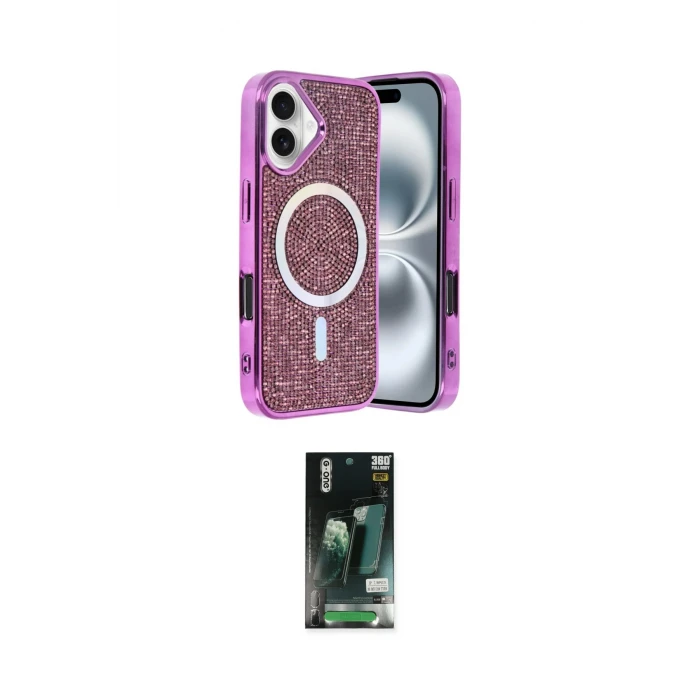 ieg™ iPhone 16 Kılıf Eksen Çizgi - Siyah 360 Mat Full Body Arka Koruyucu