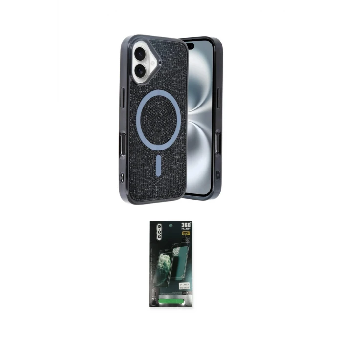 ieg™ iPhone 16 Kılıf Eksen Çizgi - Siyah 360 Mat Full Body Arka Koruyucu