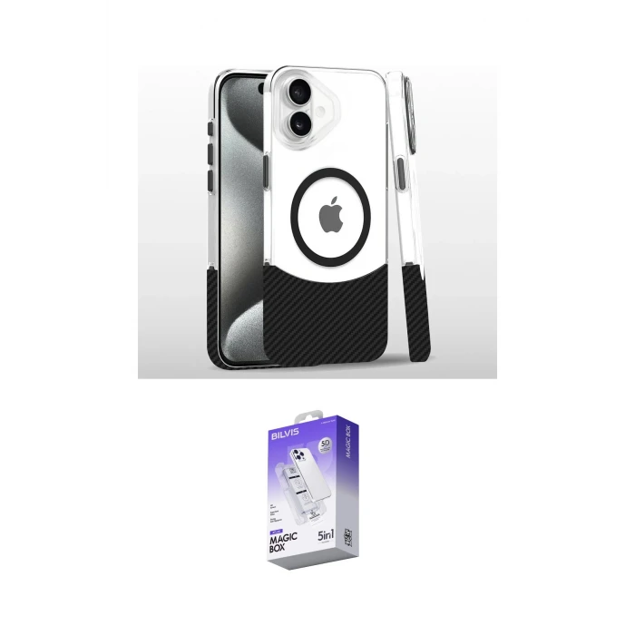 ieg™ iPhone 16 Kılıf İz Asil Prime - Siyah Bilvis 5in1 3D Magic Cam Ekran Koruyucu