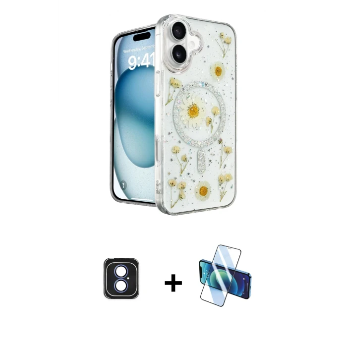 ieg™ iPhone 16 Kılıf Kozmos Doku - Siyah 3D Antistatik Seramik Nano Ekran Koruyucu + PVD Metal Kamera Lens - MI
