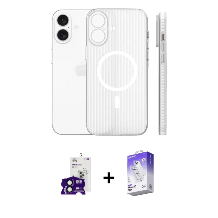 ieg™ iPhone 16 Kılıf Pusula Minimal Koleksiyonu - Siyah Bilvis 5in1 3D Magic Cam Ekran Koruyucu + Bilvis Titan Kamera Lens - SH