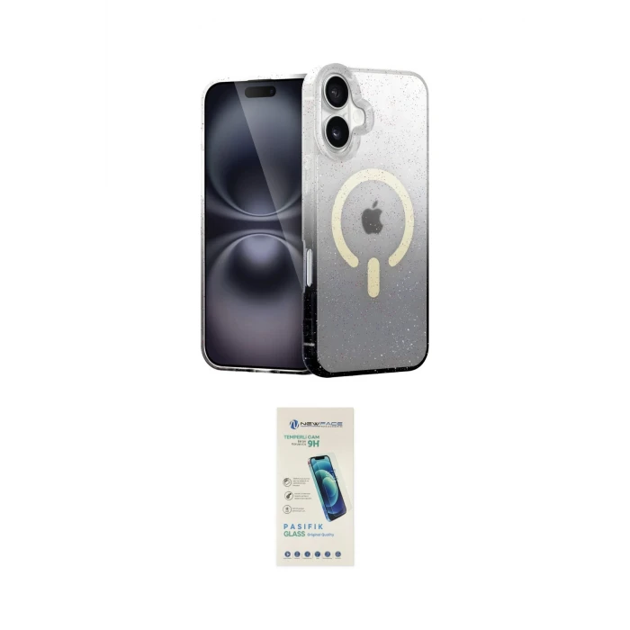 ieg™ iPhone 16 Plus Kılıf Eksen Minimal Özel Seri - Şeffaf Pasifik Cam Ekran Koruyucu