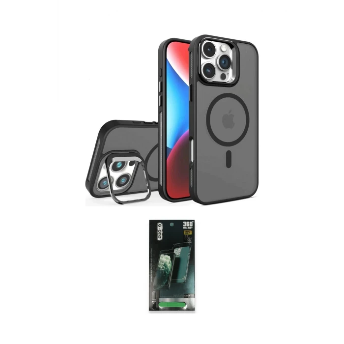 ieg™ iPhone 16 Pro Kılıf Akış Form - Siyah 360 Mat Full Body Arka Koruyucu