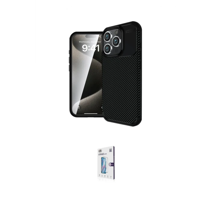 ieg™ iPhone 16 Pro Kılıf Eksen Form Prime - Siyah Bilvis 0.18mm Plus Cam Ekran Koruyucu