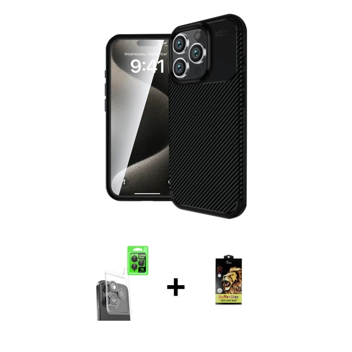 ieg™ iPhone 16 Pro Max Eksen Form Prime - Siyah Buffer Cam Ekran Koruyucu + Siyah Raze Metal Kamera Lens