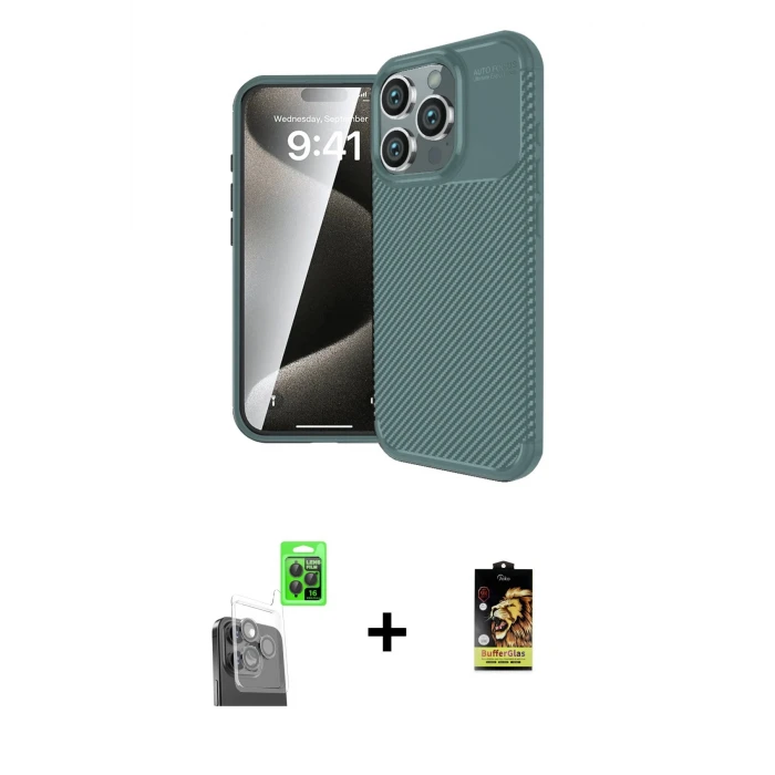 ieg™ iPhone 16 Pro Max Eksen Form Prime - Siyah Buffer Cam Ekran Koruyucu + Siyah Raze Metal Kamera Lens
