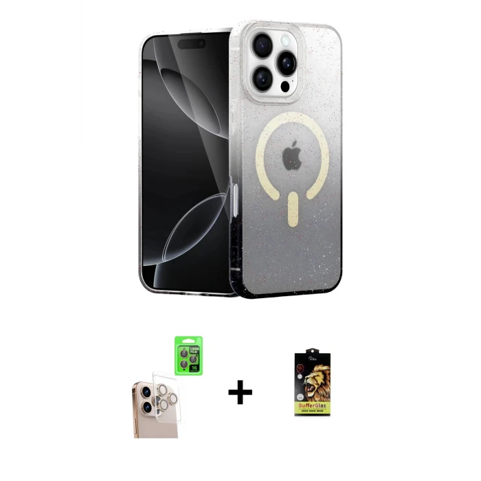 ieg™ iPhone 16 Pro Max Eksen Minimal Özel Seri - Siyah Buffer Cam Ekran Koruyucu + Natural Grey Raze Metal Kamera Lens