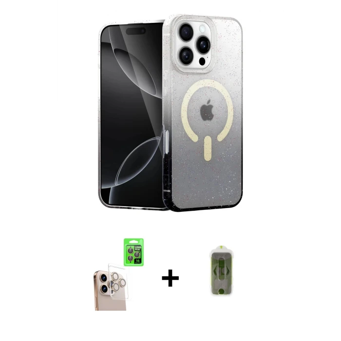 ieg™ iPhone 16 Pro Max Eksen Minimal Özel Seri - Siyah Joko Magic 5D Hayalet Cam + Natural Grey Raze Metal Kamera Lens