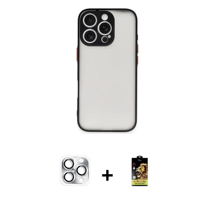 ieg™ iPhone 16 Pro Max Kılıf Ahenk Çizgi Serisi - Siyah Buffer Cam Ekran Koruyucu + Pers Alüminyum Kamera Lens - GS
