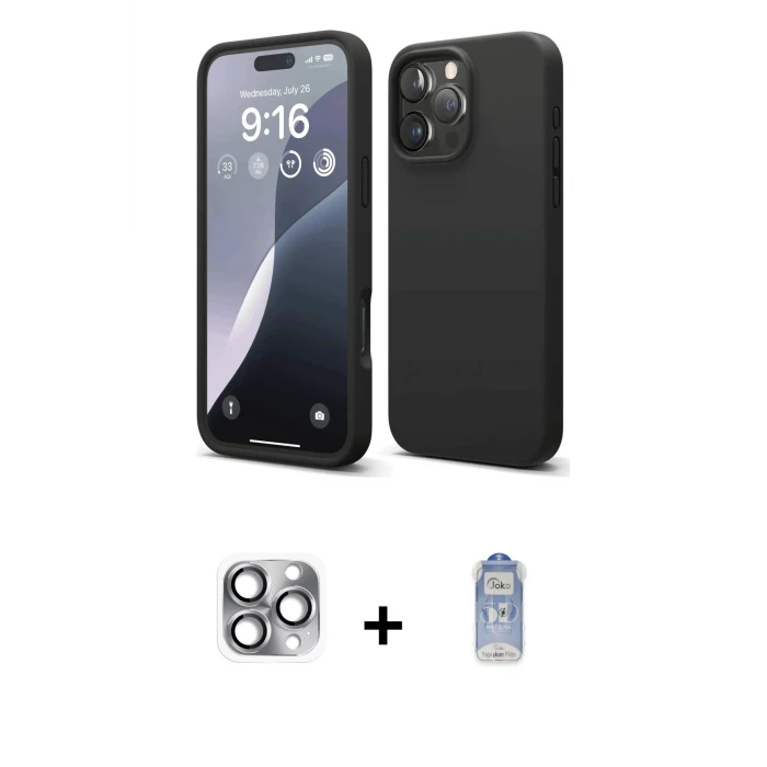 ieg™ iPhone 16 Pro Max Kılıf Ahenk Serisi - Siyah Joko Magic 5D Cam + Pers Alüminyum Kamera Lens - GI