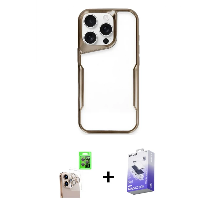 ieg™ iPhone 16 Pro Max Kılıf Akış Çizgi Koleksiyonu - Siyah Bilvis 5in1 5D Magic Hayalet Cam Ekran Koruyucu + Raze Metal Kamera Lens - NLGY
