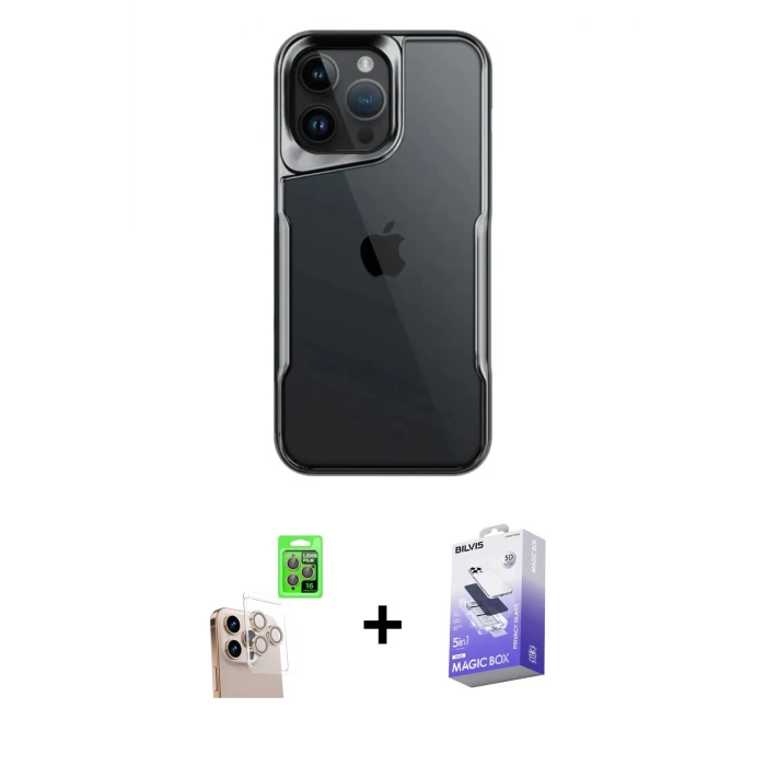 ieg™ iPhone 16 Pro Max Kılıf Akış Çizgi Koleksiyonu - Siyah Bilvis 5in1 5D Magic Hayalet Cam Ekran Koruyucu + Raze Metal Kamera Lens - NLGY