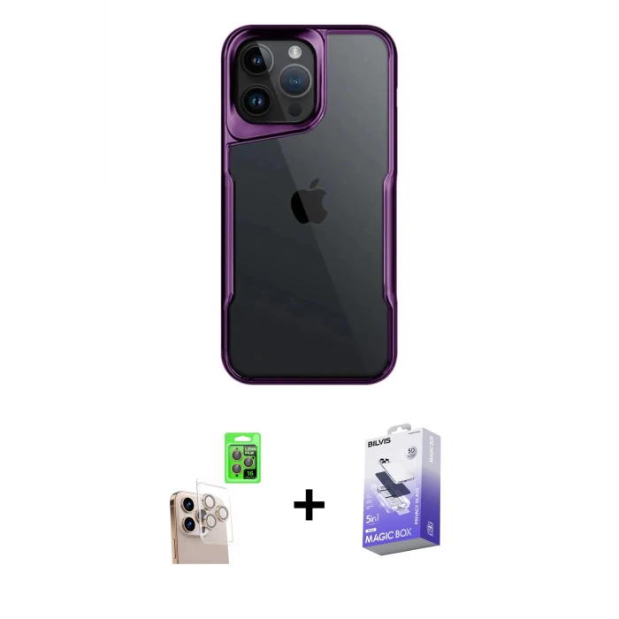 ieg™ iPhone 16 Pro Max Kılıf Akış Çizgi Koleksiyonu - Siyah Bilvis 5in1 5D Magic Hayalet Cam Ekran Koruyucu + Raze Metal Kamera Lens - NLGY