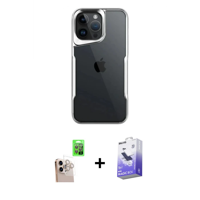 ieg™ iPhone 16 Pro Max Kılıf Akış Çizgi Koleksiyonu - Siyah Bilvis 5in1 5D Magic Hayalet Cam Ekran Koruyucu + Raze Metal Kamera Lens - NLGY