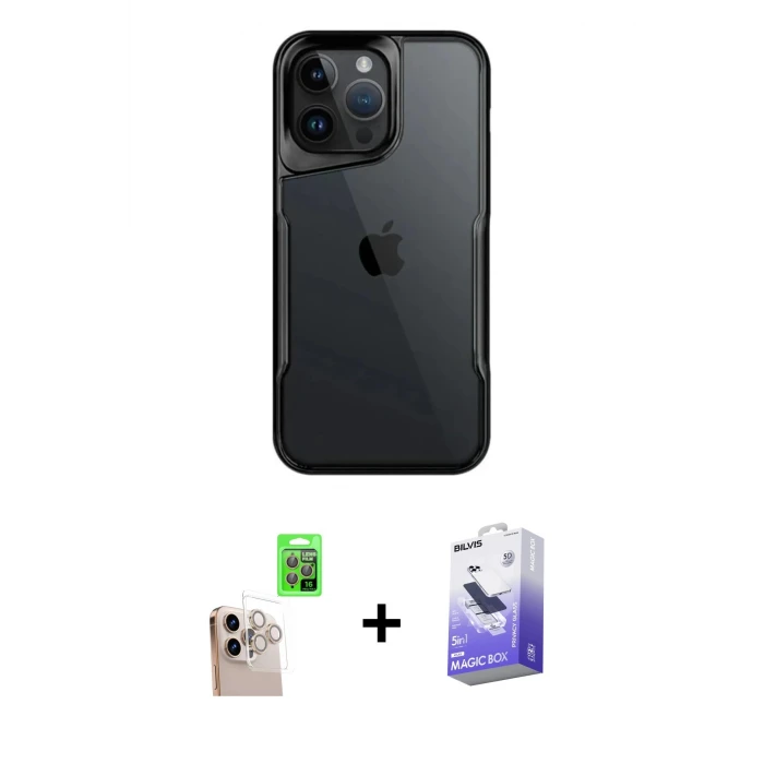 ieg™ iPhone 16 Pro Max Kılıf Akış Çizgi Koleksiyonu - Siyah Bilvis 5in1 5D Magic Hayalet Cam Ekran Koruyucu + Raze Metal Kamera Lens - NLGY