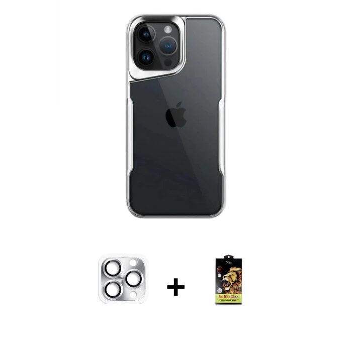 ieg™ iPhone 16 Pro Max Kılıf Akış Çizgi Koleksiyonu - Siyah Buffer Cam Ekran Koruyucu + Pers Alüminyum Kamera Lens - GS