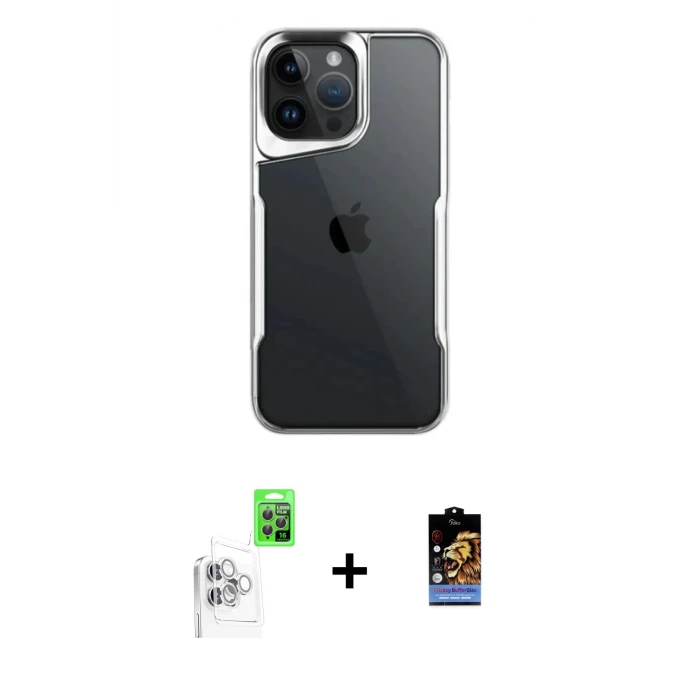 ieg™ iPhone 16 Pro Max Kılıf Akış Çizgi Koleksiyonu - Siyah Buffer Hayalet Cam Ekran Koruyucu + Raze Metal Kamera Lens - BZ