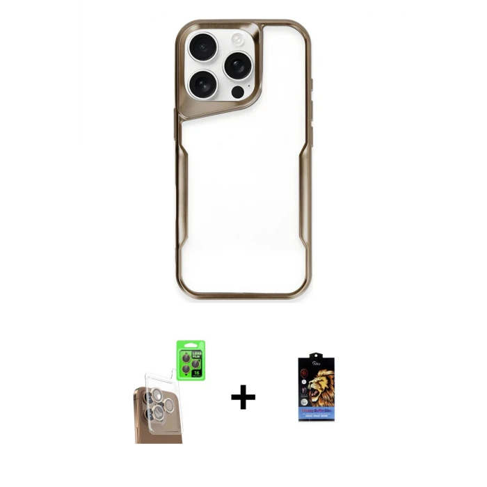 ieg™ iPhone 16 Pro Max Kılıf Akış Çizgi Koleksiyonu - Siyah Buffer Hayalet Cam Ekran Koruyucu + Raze Metal Kamera Lens - CLTM