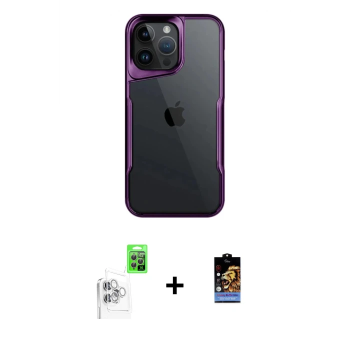 ieg™ iPhone 16 Pro Max Kılıf Akış Çizgi Koleksiyonu - Siyah Buffer Hayalet Cam Ekran Koruyucu + Raze Metal Kamera Lens - BZ