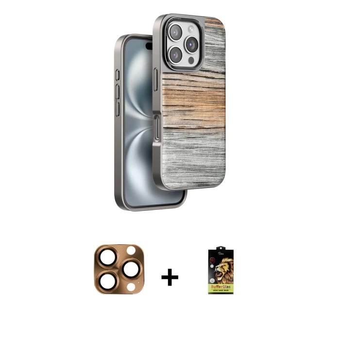 ieg™ iPhone 16 Pro Max Kılıf Atlas Minimal Özel Seri - Siyah Buffer Cam Ekran Koruyucu + Pers Alüminyum Kamera Lens - CLTM