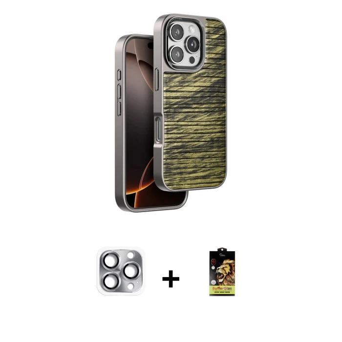 ieg™ iPhone 16 Pro Max Kılıf Atlas Minimal Özel Seri - Siyah Buffer Cam Ekran Koruyucu + Pers Alüminyum Kamera Lens - GI