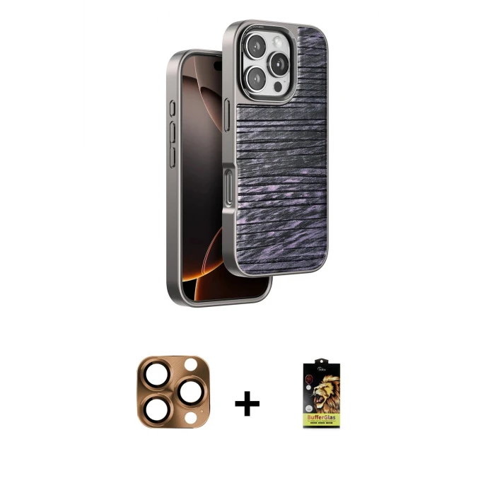 ieg™ iPhone 16 Pro Max Kılıf Atlas Minimal Özel Seri - Siyah Buffer Cam Ekran Koruyucu + Pers Alüminyum Kamera Lens - CLTM