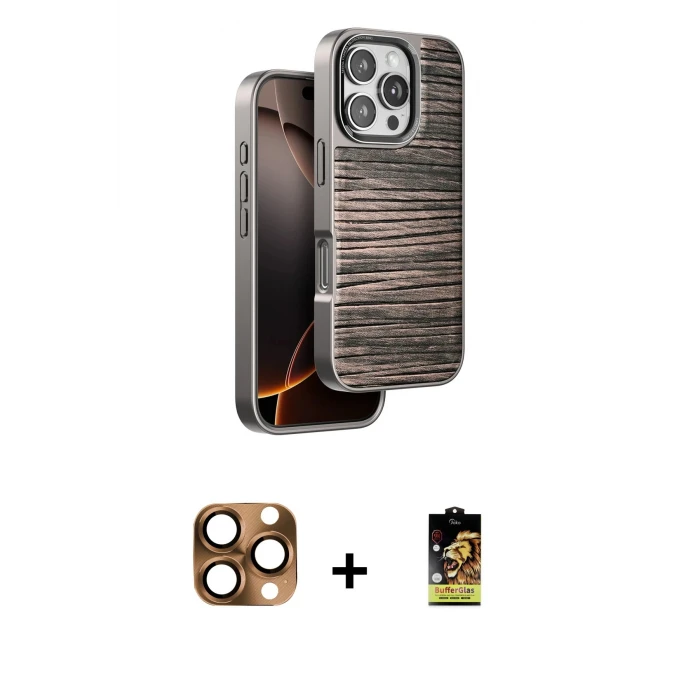ieg™ iPhone 16 Pro Max Kılıf Atlas Minimal Özel Seri - Siyah Buffer Cam Ekran Koruyucu + Pers Alüminyum Kamera Lens - CLTM